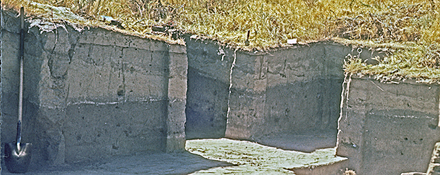 45KT28. Housepit 15 excavation in progress showing the contact between Cultural Components VIIH and VIIC.
