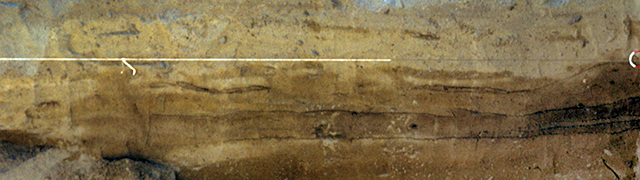 45KT28. Uppermost portion of Stratum 4  (Cultural Component VI, Quilomene Bar Phase) and the contact with Stratum 5 (Cultural Component VIIA, Cayuse I Subphase).