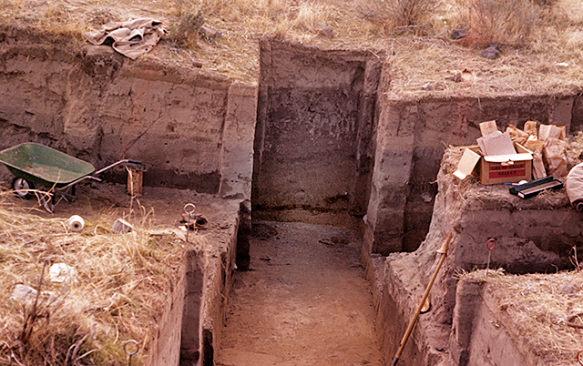 45KT28. Trench parallel to the river, looking down river, through the center of Component VIIH (Cayuse III Subphase) and Component VIIIC (Cayuse I Subphase).
