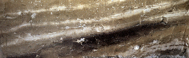45KT28. Low in Stratum 4, the dark stain marks Cultural Component IV (Frenchman Springs Phase) and the medium (light) sand lens immediately above contains Cultural Component V (Frenchman Springs Phase).