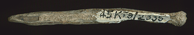 45KT28/2335. Possible tooth of a basketry comb. Compare its rounded tip with that of d, below. Cultural Subcomponent VIIA, Cayuse I Subphase.