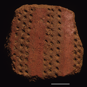 DEEP SIZ-SAG CUTS DECORATE A LARGE OPEN BOWL FROM THE JARIGOLE PILLAR SITE. Deep zig-zag cuts decorate a large bowl from the Jarigole Pillar site.